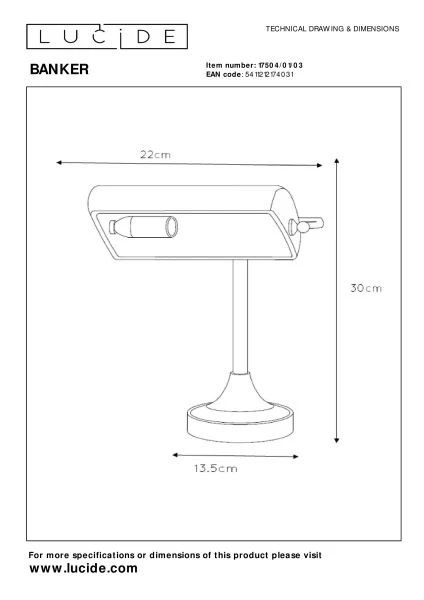 Lucide BANKER - Schreibtischlampe - 1xE14 - Bronzefarbe - TECHNISCH